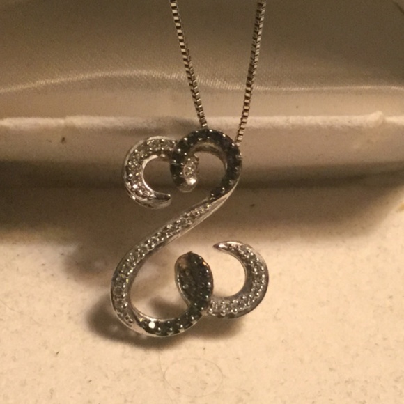 Black and white diamond pendant, sterling necklace - Picture 2 of 2